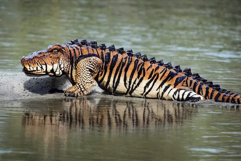 Image similar to an alligator tiger!!! hybrid! hyper realistic!! realistic lighting!! wildlife photographer of the year!!! bold natural colors, national geographic, hd, wide angle, 8 k