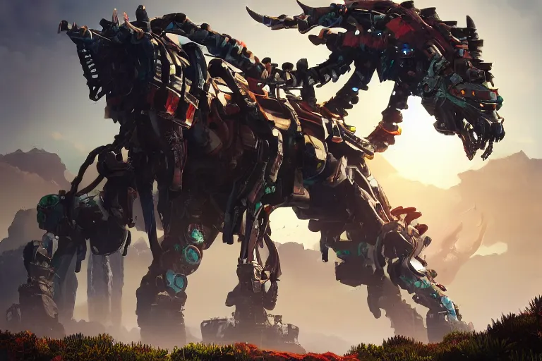 Image similar to grimhorn fanghorn machine mecha animal beast robot of horizon forbidden west horizon zero dawn bioluminiscence global illumination ray tracing hdr fanart arstation by sung choi and eric pfeiffer and gabriel garza and casper konefal