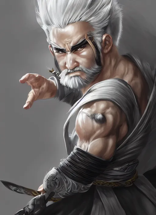 Image similar to a highly detailed illustration of short white hair parted down middle fierce asian man, wearing hakama, with black sclera eyes, heroically battle posing, muscular, intricate, elegant, highly detailed, by greg rutowski, centered, digital painting, artstation, cgsociety, concept art, smooth, sharp focus, league of legends concept art, WLOP