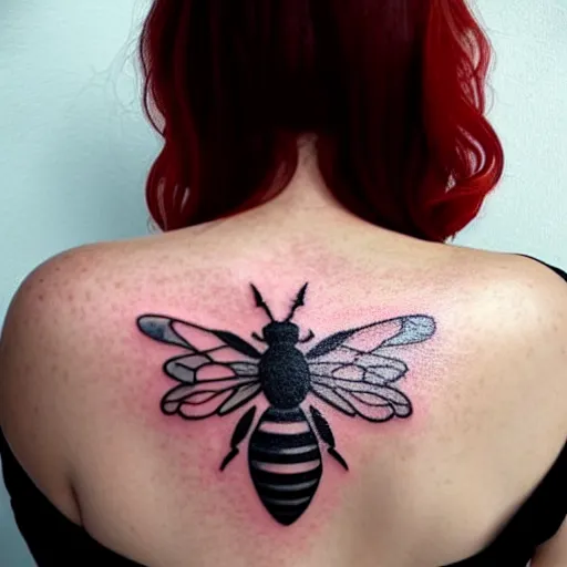 Image similar to a tattoo of bee movie on the beautiful back of a woman with crimson - red hair, anonymous, cinematic lighting, beautiful composition