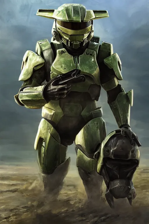Image similar to slowpoke pokemon playing as master chief, oil on canvas, intricate, 8 k highly professionally detailed, hdr, cgsociety