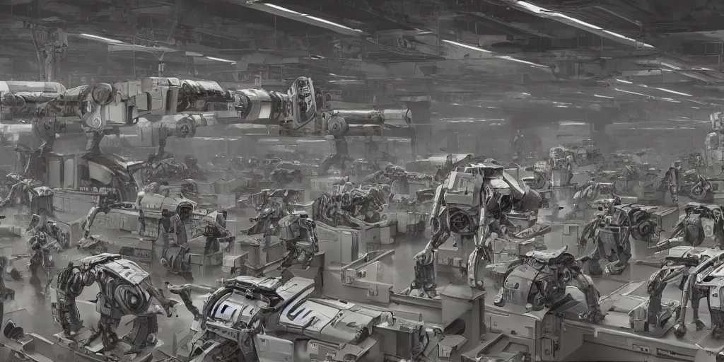 Prompt: a huge factory where they make battle droids for the military, art, high detail, high definition, 8k,