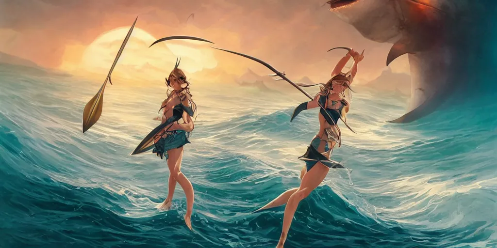 Image similar to close up of a extremely beautiful and aesthetic shark tooth and shark fin girl holding a symmetrical trident on the horizon, perfect face, symmetrical eyes, model pose, slightly smiling, sun set, big wave, big blade whale fighting against thorn sharks flying on the background, epic scene, fantasy illustrations, by peter mohrbacher and makoto shinkai and ferdinand knab