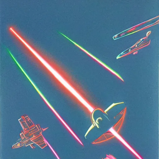 Image similar to starship destroyed by laser beam shot by another starship, 1 9 8 0 s concept art, vintage, high saturation colors, high quality, hand drawn