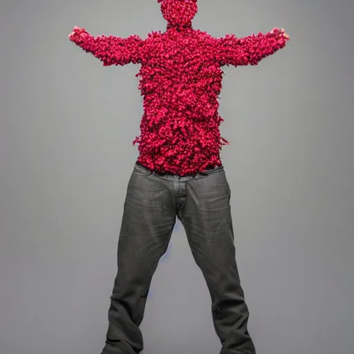 Prompt: studio photograph of a man made entirely out of raspberries