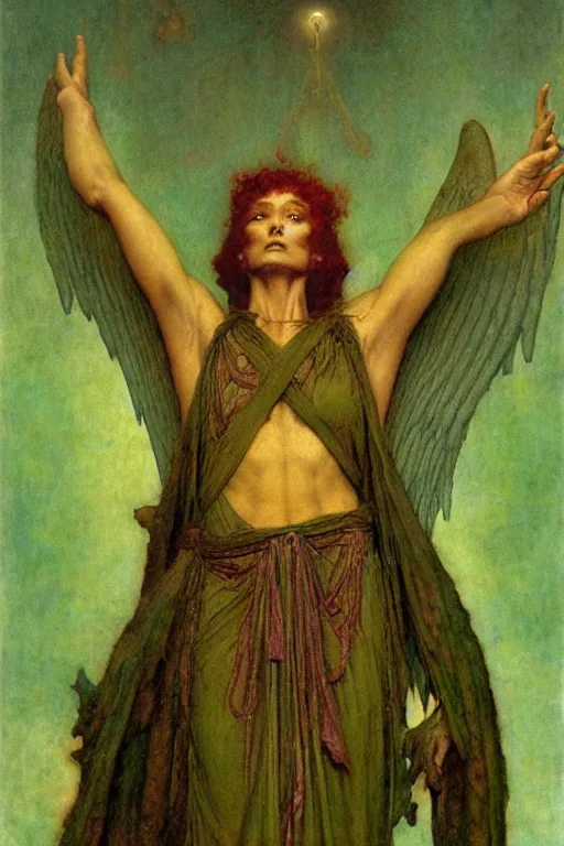 Image similar to a portrait of archangel raphael in a green toga by wayne barlowe, gustav moreau, goward,  Gaston Bussiere and roberto ferri, santiago caruso, and austin osman spare, ((((occult art))))