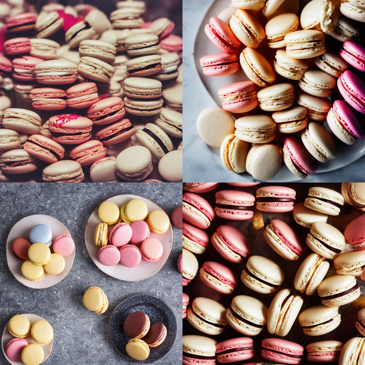 Prompt: A delicious plate of French macarons, food photography, low angle photo, Michelin Star