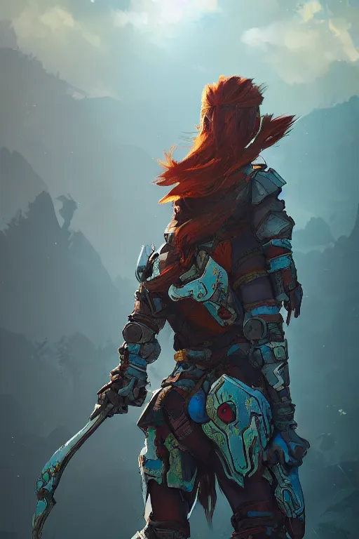 Image similar to combination suit armor aloy horizon forbidden west horizon zero dawn radiating a glowing aura global illumination ray tracing hdr fanart arstation by ian pesty and alena aenami artworks in 4 k tribal robot ninja mask helmet backpack