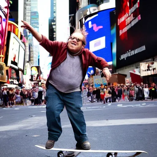 Prompt: photograph of danny devito skateboarding in times square