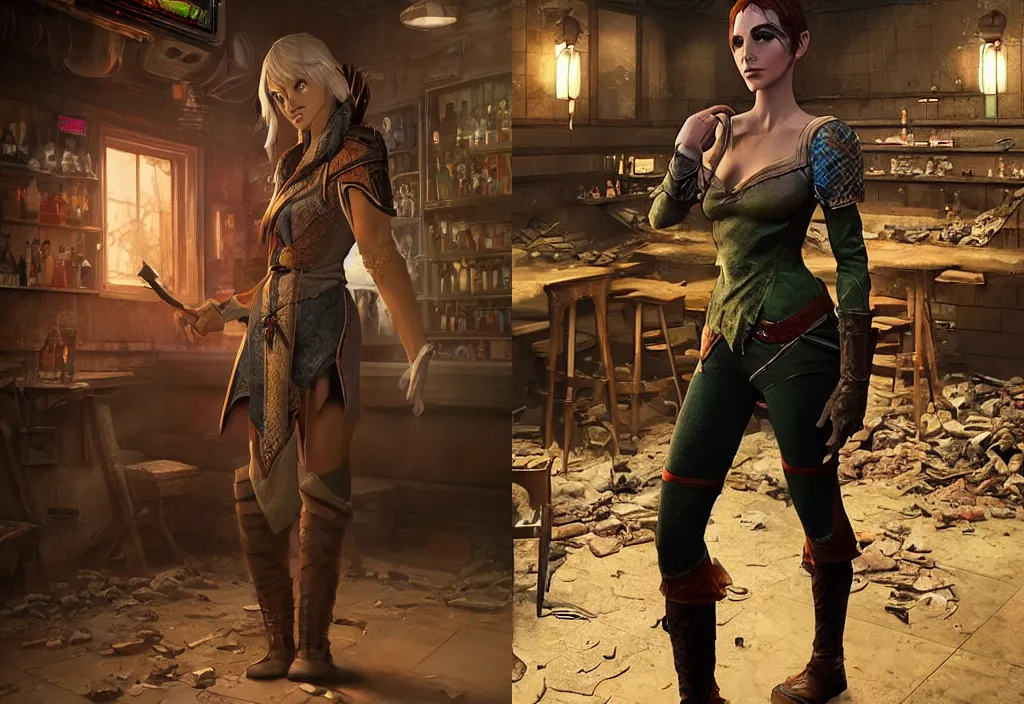 Prompt: full body character portrait of a female lavellan from dragon age walking through a destroyed dive bar wearing inquisitor clothes, with a realistically proportioned face, realistically rendered face, enhance face, 3 d model, headsculpt, illustration, digital painting, realistic lighting, photorealistic eyes, good value control, realistic shading, substance painter, painted texture maps