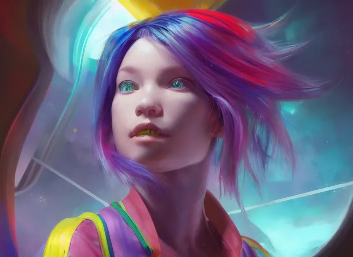 Prompt: a girl with rainbow hair standing in a spaceship, futuristic spaceship, official art, by bayard wu, by ross tran, realistic expressive oil painting, cgsociety, anime style, detailed spaceship interior, octane render