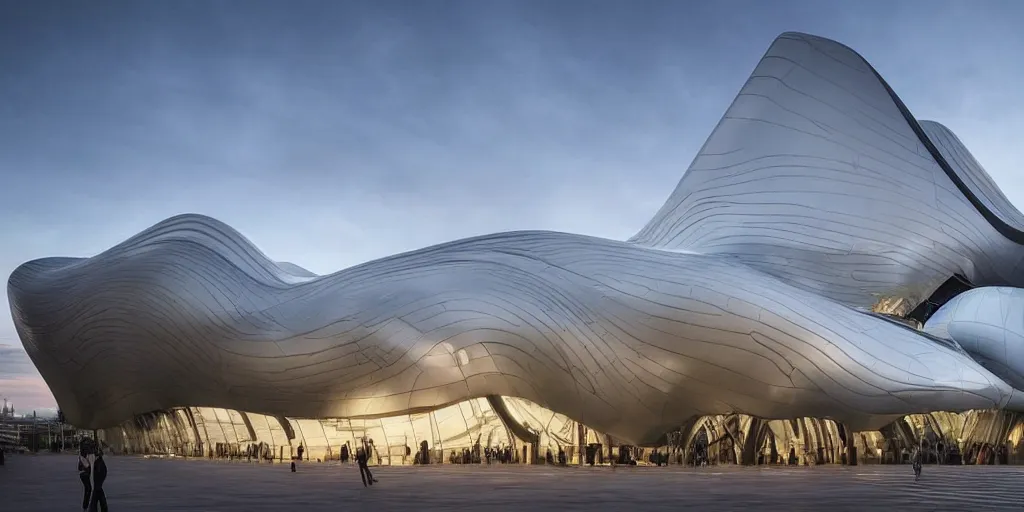 Image similar to extremely elegant smooth detailed stunning sophisticated beautiful elegant futuristic museum exterior by Zaha Hadid, Milan buildings in the background, smooth curvilinear design, stunning volumetric light, stainless steal, concrete, translucent material, beautiful sunset, tail lights