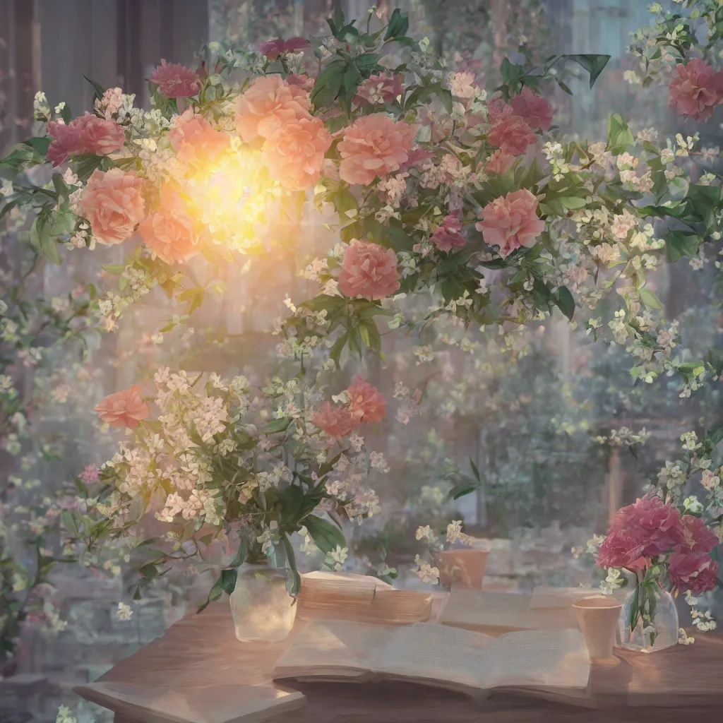 Prompt: cold drinks, ice cream, peach embellishment, books and flowers, in the style of makoto shinkai, dreamy, soft, global illumination, radiant light, intricate environment, luminescence, highly detailed, 8 k