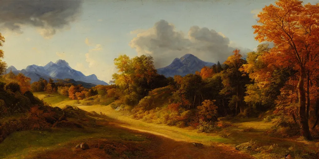 Prompt: a dramatic landscape painting of a mountain with a path leading into fields and forest, autumn season, by joachim patinir, oil on canvas, highly detailed, hd, 4 k