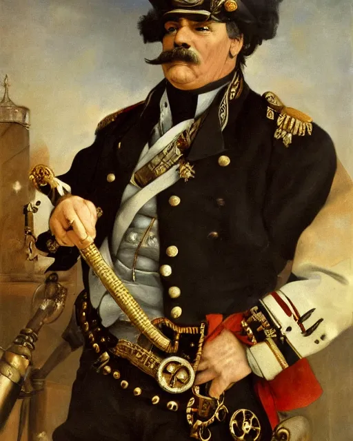 Image similar to a portrait of Emperor Franz Josef as a steampunk captain, art by by Joseph Karl Stieler and Théodore Gericault and Eugène Delacroix, highly detailed, trending on wikiart