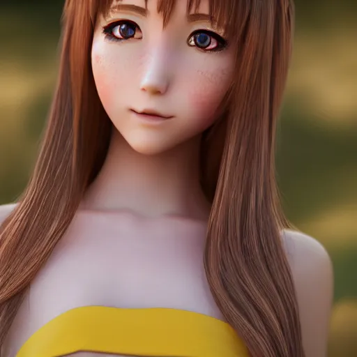 Image similar to Render of a very beautiful 3d anime girl, long hair, hazel eyes, cute freckles, full round face, short smile, cute sundress, golden hour, serene beach setting, medium shot, mid-shot, highly detailed, trending on Artstation, Unreal Engine 4k