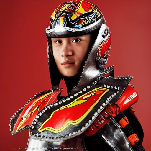 Image similar to a portrait of a beautiful young male wearing an alexander mcqueen armor made of Lightning McQueen race car , photographed by andrew thomas huang, artistic