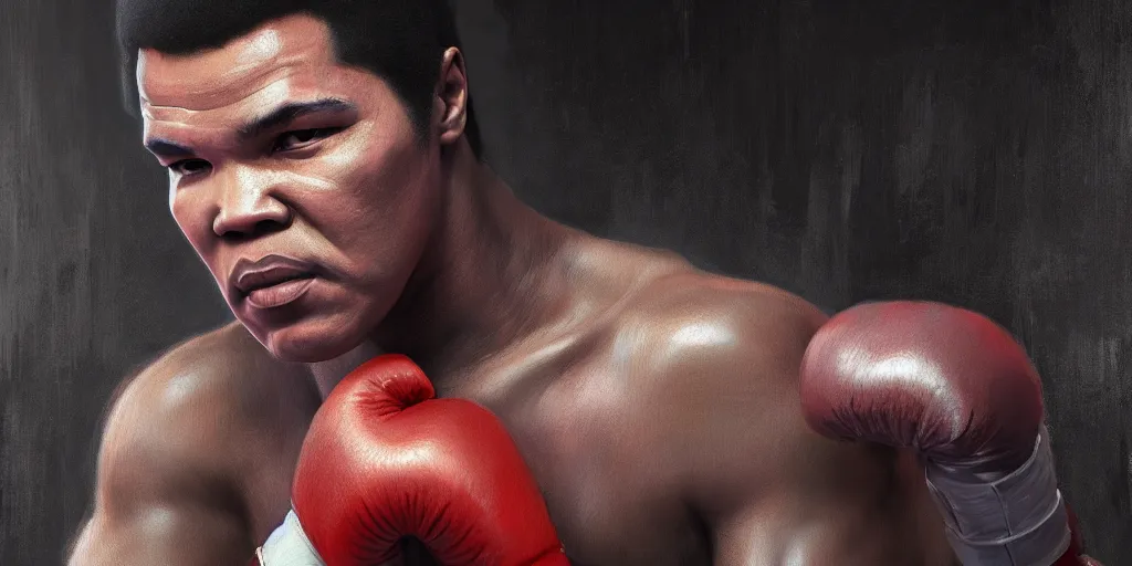 Image similar to portrait of muhammad ali in boxing ring, extremely detailed digital painting, in the style of fenghua zhong and ruan jia and jeremy lipking and peter mohrbacher, mystical colors, rim light, beautiful lighting, 8 k, stunning scene, raytracing, octane, trending on artstation