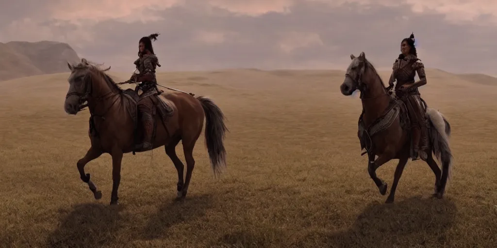 Image similar to Scythian warrior woman on horseback in steppes, still from a movie, cinematic, 4K