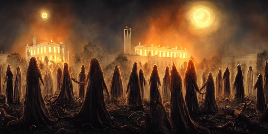 Image similar to coven of witches gathered on the roof of the burnt remains of the white house, performing a ritual to call lovecraftian aliens down from the night sky, wide shot, concept art, smooth, high quality, 4 k