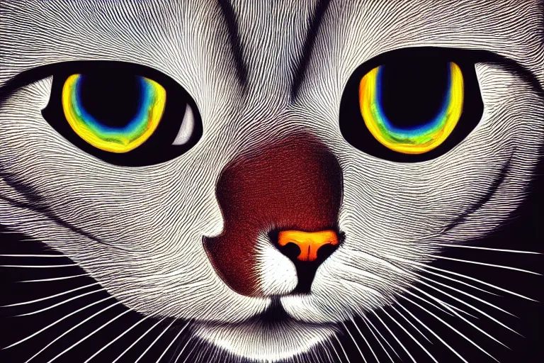 Prompt: portrait of surreal cat with 3rd eye, dmt, trippy, highly detailed, photorealistic, reflections, smooth, sharp focus, concept art, illustration, beautiful, geometric, trending on artstation, cinematic, featured on behance , artwork by WLOP and Tran, Ross