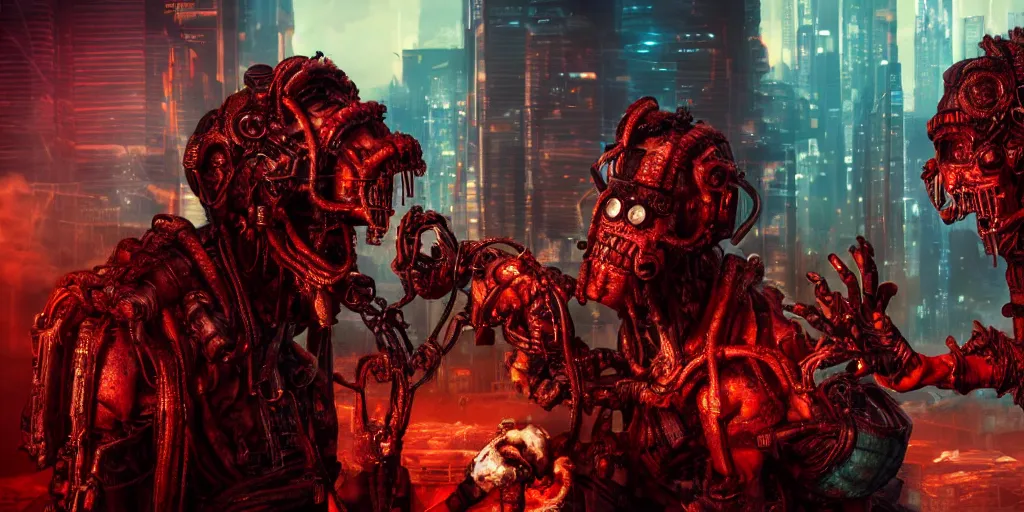 Image similar to a cyberpunk chtulhu creature arguing with another, closeup, fallout 5, studio lighting, deep colors, apocalyptic setting, vertically mirrored city in background