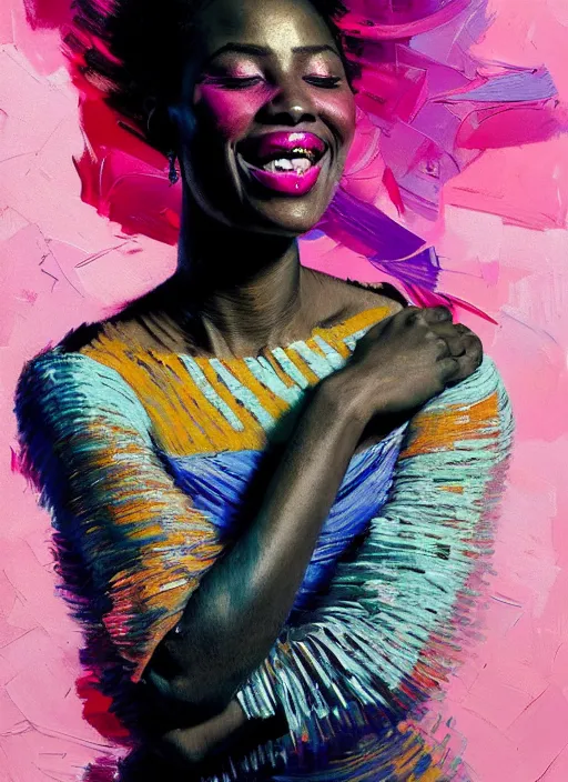 Image similar to portrait of a beautiful black woman, smiling, ecstatic, dancing, eyes closed, open mouth, shades of pink and blue, beautiful face, rule of thirds, intricate outfit, spotlight, by greg rutkowski, by jeremy mann, by francoise nielly, by van gogh, digital painting
