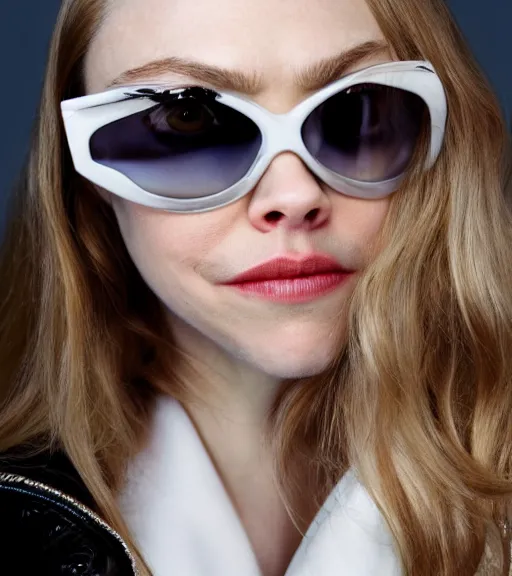 Prompt: detailed attractive characther portrait of amanda seyfried wearing oversized nilon white luxury jacket and wearing sunglasses, realistic, wide angle, dramatic light 8 k
