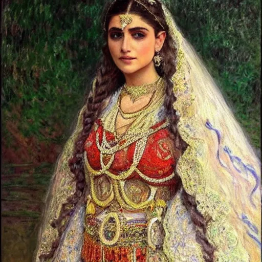 Image similar to full body portrait of a beautiful Kurdish bride wearing a beautiful wedding dress, very detailed eyes, hyperrealistic, beautiful and symmetrical face, very detailed painting by Claude Monet and Alphonse Mucha, trending on artstation, extremely high detail, incredibly intricate