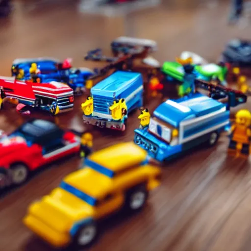 Image similar to tilt-shift photography of a group of Hotwheels cars racing on a hardwood floor, Lego minifigures are cheering them on in the background