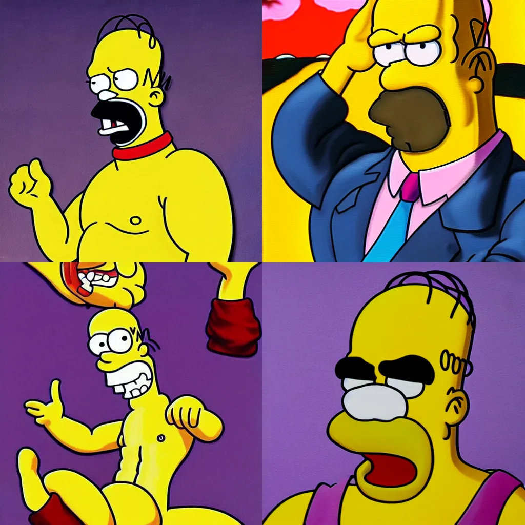 Prompt: Homer Simpson in Jojos Bizarre Adventure, beautiful painting by Hirohiko Araki. Trending on artstation. Dynamic pose, extreme detail, 4k.