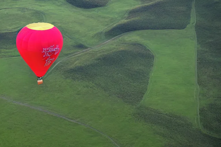 Image similar to aerial photography, scotland, hot air balloon shaped like a hamburger, dusk