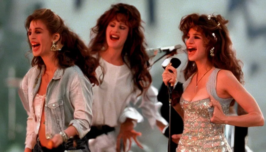 Image similar to Julia Roberts as Selena! singing!! on a stage, 1995 movie, cinematic