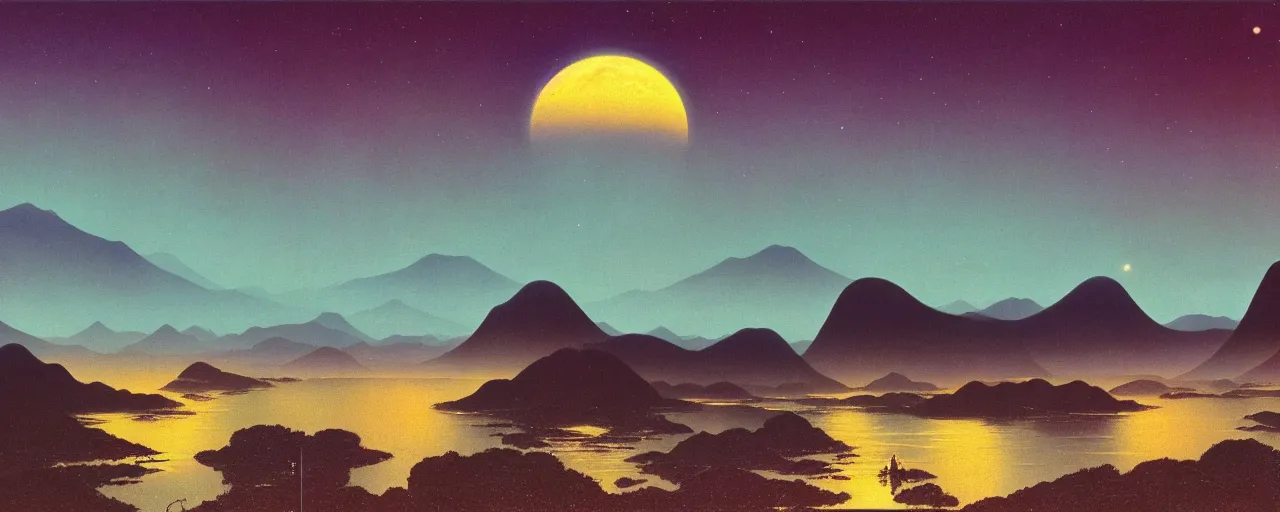 Image similar to awe inspiring bruce pennington landscape, digital art painting of 1 9 6 0 s, japan at night, 4 k, 8 k, hyperdetailed, minimalist