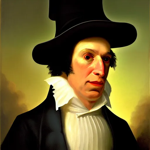 Image similar to head and shoulders portrait painting of an anthropomorphic!!! crocodile wearing a colonial outfit looking off camera, a character portrait, american romanticism, oil on canvas, diffused lighting