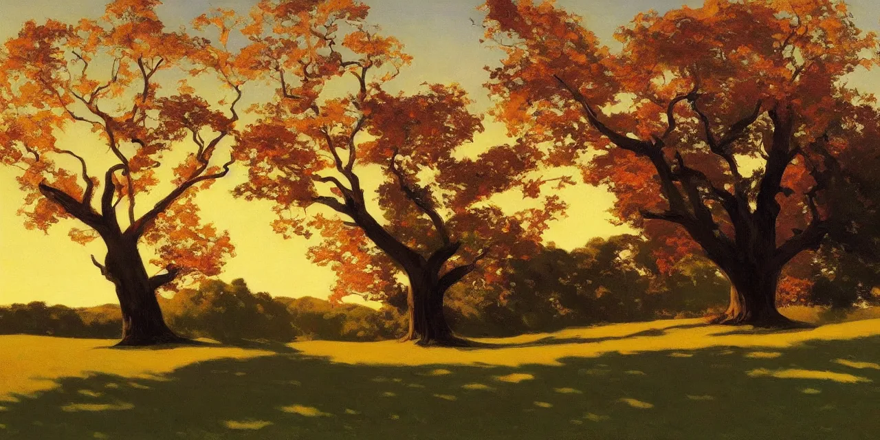 Prompt: a beautiful, stunning landscape with a giant oak tree in the fall during sunset by edward hopper and craig mullins and