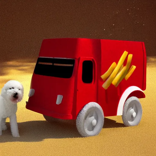 Prompt: a photorealistic photograph of a smiling white Bichon Frisé puppy riding in red wagon overflowing with french fries during sunset at the beach Trending on Artstation, featured on Behance, well-rendered, Unreal Engine, 4K HD