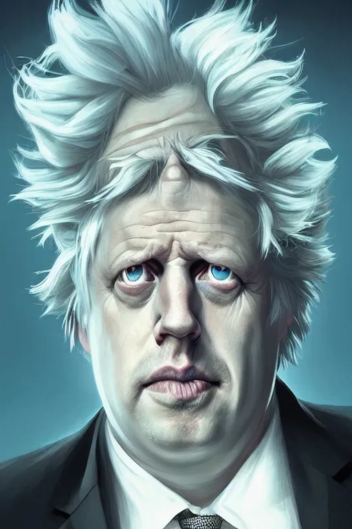 Image similar to Boris Johnson as drunk genius Rick Sanchez, one eyebrow, white robe, big eyes, 2d portrait, symmetrical, highly detailed, digital painting, artstation, concept art, smooth, sharp focus, illustration, cinematic lighting, art by artgerm and greg rutkowski and alphonse mucha