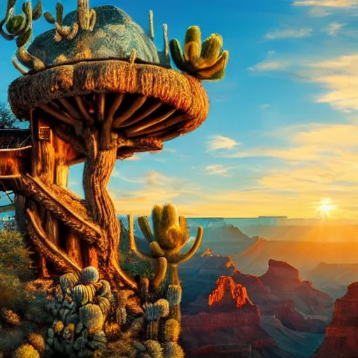 Image similar to fancy treehouse mansion built in a giant cactus on top of plateau with amazing view of sunrise over the grand canyon detailed luminescent oil painting 4 k