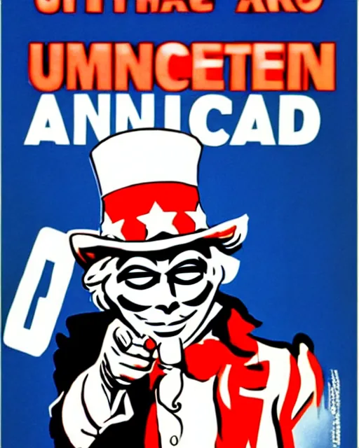 Image similar to anonymous as uncle sam propaganda poster in the year 1 9 8 7, ultra realistic concept art intricate detail