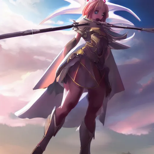 Prompt: epic cinematic anime concept art. Seraphim angel girl holding a giant holy halberd, wearing shining armor at sunrise. ArtStation, Pixiv