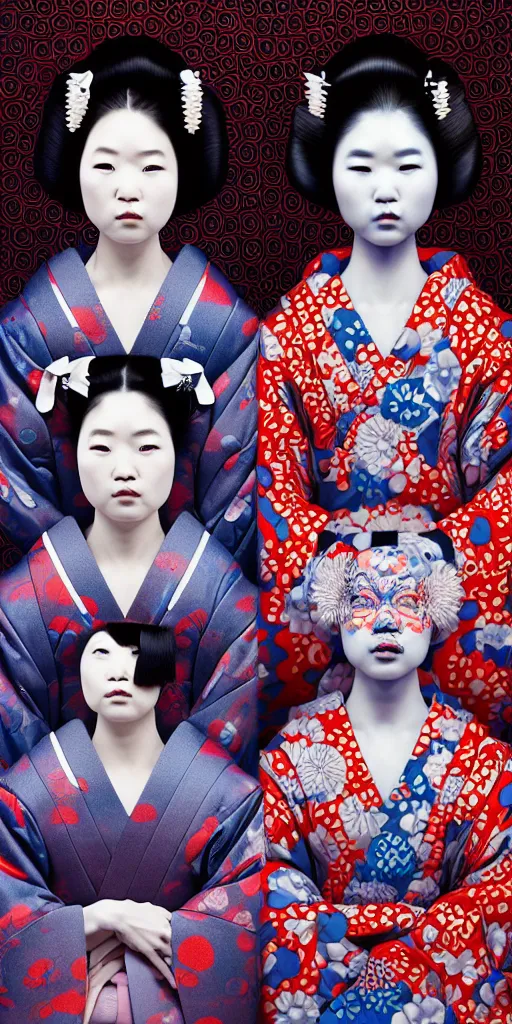 Image similar to hyperrealistic detailed image of a geisha twins in a art installation room, hd smooth interior by yayoi kusama, part by kei mieno, part by ross tran, dark art by james jean, ultra realistic, highly detailed, life like face, detailed body, 8 k, 3 d render by roger magrini, masterpiece