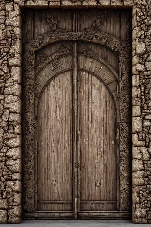 Prompt: a huge old heavy weathered wooden door made with rush plant ornaments in bright metalllic element, ornate, fantasy, photorealistic, octane render, volumetric light, high definition, ultra detailed, artstation, deviantart, cgsociety