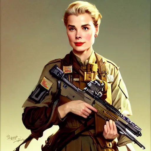 Prompt: Grace Kelly as a US Army Soldier, western, D&D, fantasy, intricate, elegant, highly detailed, digital painting, artstation, concept art, matte, sharp focus, illustration, art by Artgerm and Greg Rutkowski and Alphonse Mucha