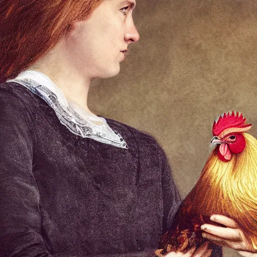 Prompt: A realistic image of a very sad woman holding a rooster in her hands, ultra high detail, 8k.