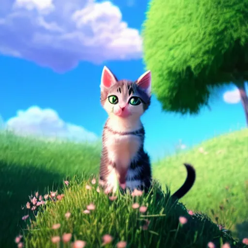 Prompt: a wholesome animation key shot of a kitten on a hill, fluffy pink anime clouds, studio ghibli, pixar animation, sharp, rendered in unreal engine 5, anime key art, bloom, dramatic lighting