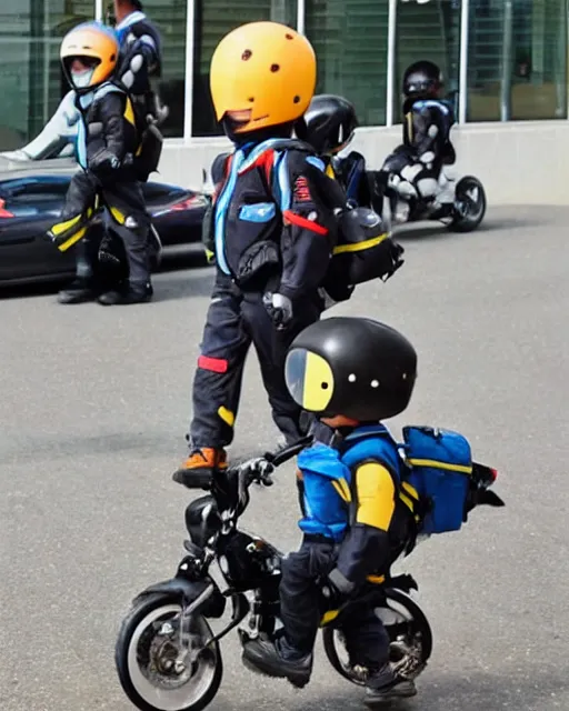 Image similar to cute toddlers wearing flight suits and motorcycle helmets, fly to school using their jet packs, hyperreal