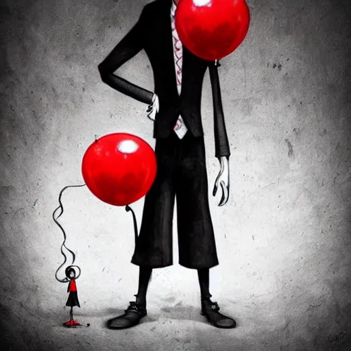 Image similar to surrealism grunge cartoon portrait sketch of the slender man with a wide smile and a red balloon by - michael karcz, loony toons style, pennywise style, horror theme, detailed, elegant, intricate