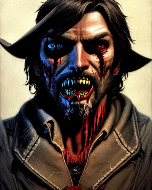 Image similar to mccree from overwatch, evil, crazed look in his eyes, character portrait, portrait, close up, concept art, intricate details, highly detailed, horror poster, horror, vintage horror art, realistic, terrifying, in the style of michael whelan, beksinski, and gustave dore