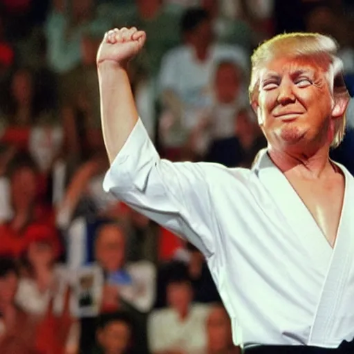 Image similar to donald trump as the karate kid, karate kid crane kick